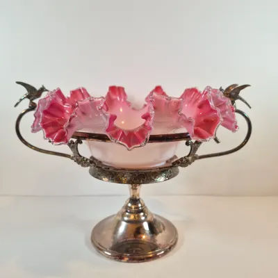 LOT 54: Victorian Bride's Bowl with Pink & White Crimped Bowl on Bird-Handled Silverplate Pedestal