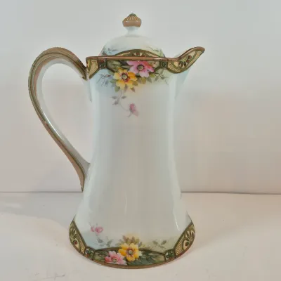 LOT 48: Vintage Porcelain Chocolate Pots & 3-Tier Stand with Hand Painted Platters by Noritake & Limoges France