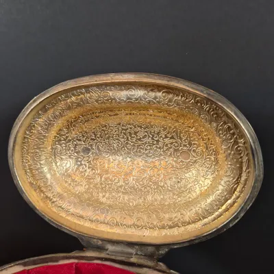 LOT 114: Vintage Glass Pedestal with Metal Flower Fog & Metal Vanity Box Casket with Red Velvet Lining