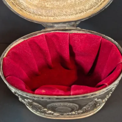 LOT 114: Vintage Glass Pedestal with Metal Flower Fog & Metal Vanity Box Casket with Red Velvet Lining