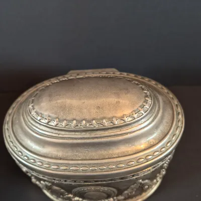 LOT 114: Vintage Glass Pedestal with Metal Flower Fog & Metal Vanity Box Casket with Red Velvet Lining