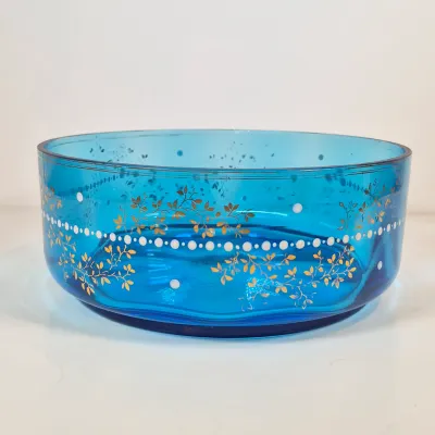 LOT 33: Antique Hand Painted Blue Glass Bowl on Ornate Silverplate Basket Stand from James W, Tufts