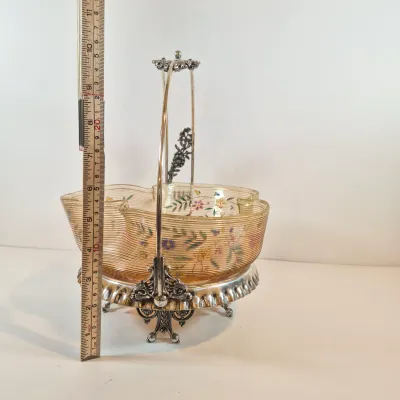 LOT 43: Antique Hand Painted Threaded Uranium Glass Bowl-Bridal Basket Meriden B Silverplate Floral Stand