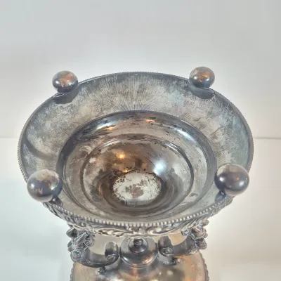 LOT 35: Antique Hand Painted Bride's Bowl on Wilcox Silverplate Stand with Cherubs