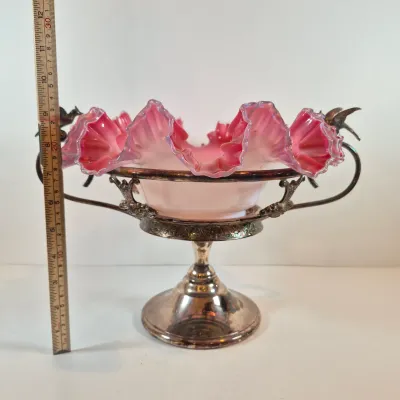 LOT 54: Victorian Bride's Bowl with Pink & White Crimped Bowl on Bird-Handled Silverplate Pedestal
