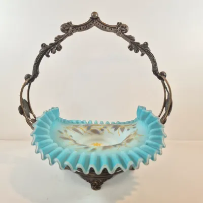 LOT 37: Antique Bride's Basket with Hand Painted Bowl in Cherry Handled Pairpoint Silverplate Basket