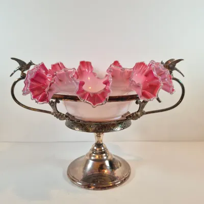 LOT 54: Victorian Bride's Bowl with Pink & White Crimped Bowl on Bird-Handled Silverplate Pedestal