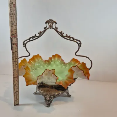 LOT 49: Victorian Bride's Bowl with Uranium Glass Crimped Bowl in Homan Silverplate Base