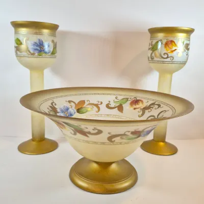 LOT 112: Vintage Hand Blown Gipar-Italy Pedestal Candle Holders with Matching Console Bowl-Signed