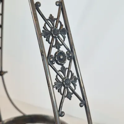 LOT 33: Antique Hand Painted Blue Glass Bowl on Ornate Silverplate Basket Stand from James W, Tufts