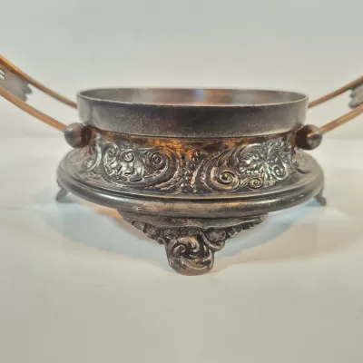 LOT 37: Antique Bride's Basket with Hand Painted Bowl in Cherry Handled Pairpoint Silverplate Basket