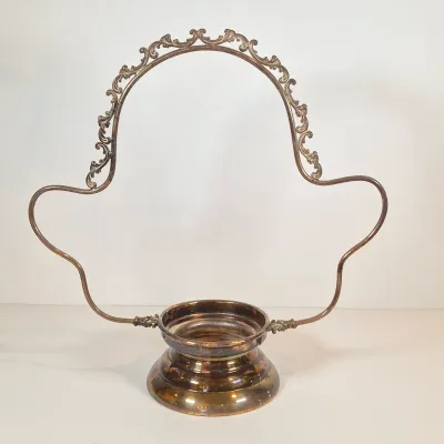 LOT 34: Victorian Bride's Basket with Cranberry Opalescent Poinsettia Glass on Silverplate Base