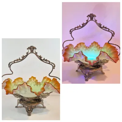 LOT 49: Victorian Bride's Bowl with Uranium Glass Crimped Bowl in Homan Silverplate Base