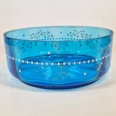 LOT 33: Antique Hand Painted Blue Glass Bowl on Ornate Silverplate Basket Stand from James W, Tufts