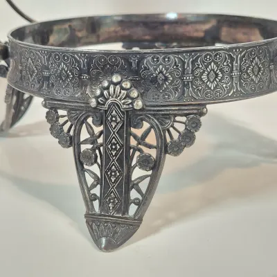 LOT 33: Antique Hand Painted Blue Glass Bowl on Ornate Silverplate Basket Stand from James W, Tufts