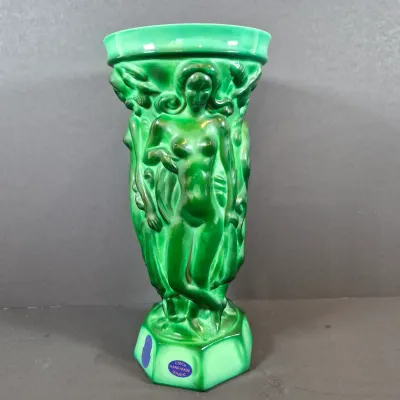 LOT 120: Bohemian Malachite Glass Figural Nudes Vase