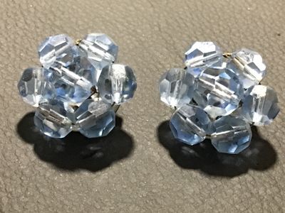 Vintage Light Blue Aurora Borealis Beaded Cluster Clip-On Earrings