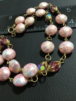 Vintage Pink Foil Glass Bead Necklace with Enamel Flower Pendant