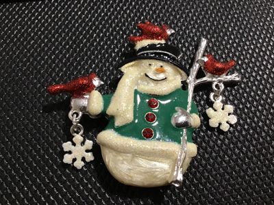 Vintage Christmas Snowman and Cardinals Brooch