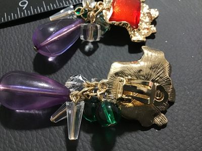 Vintage Gold Tone Clip-On Dangle Earrings with Red, Purple & Green Beads