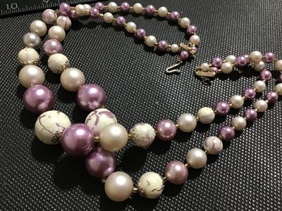 Vintage Double Strand Purple and White Faux Pearl Beaded Necklace