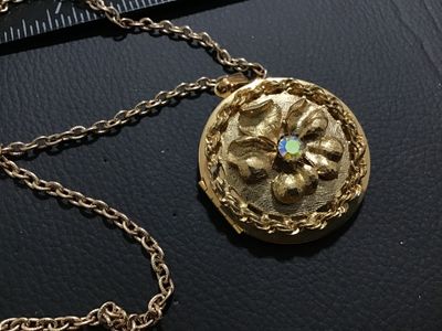 Vintage Gold-Tone Floral Locket Necklace with Aurora Borealis Rhinestone