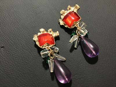 Vintage Gold Tone Clip-On Dangle Earrings with Red, Purple & Green Beads