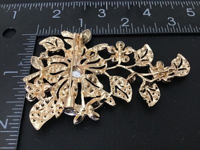 Gold-Tone Pink and Green Rhinestone Floral Brooch