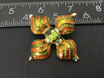 Gold-Tone Enamel and Green Rhinestone Maltese Cross Brooch