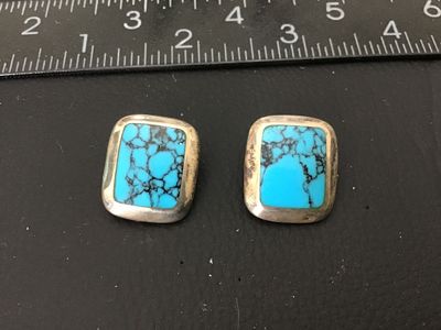 Vintage Sterling Silver & Turquoise Matrix Clip-On Earrings