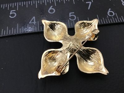 Gold-Tone Enamel and Green Rhinestone Maltese Cross Brooch