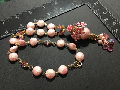 Vintage Pink Foil Glass Bead Necklace with Enamel Flower Pendant