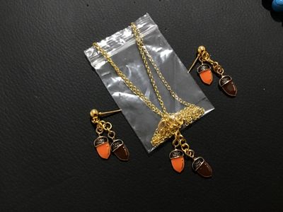 Enamel Acorn Pendant Necklace and Matching Earrings Set
