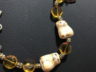 Whimsical porcelain Cat and Amber Glass Bead Toggle Bracelet. Vintage