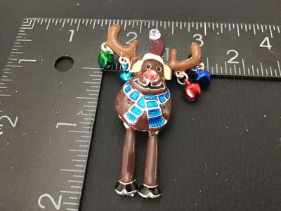 Enamel Reindeer Christmas Brooch with Dangling Legs and Jingle Bells