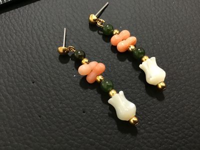 Vintage Beaded Dangle Earrings with Jade, Coral, and Mother of Pearl Tulip
