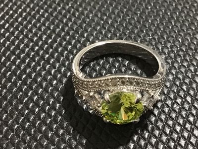 Silver Peridot-Colored Stone Ring, Size 6.5