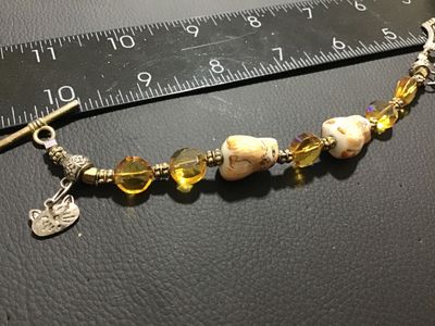Whimsical porcelain Cat and Amber Glass Bead Toggle Bracelet. Vintage
