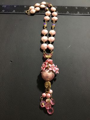 Vintage Pink Foil Glass Bead Necklace with Enamel Flower Pendant
