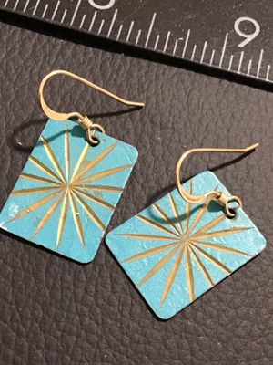 Vintage Turquoise Blue Starburst Etched Metal Dangle Earrings