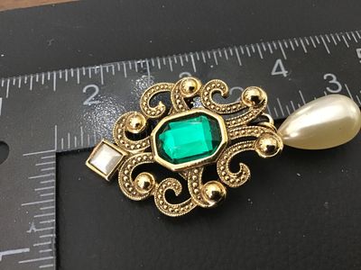 Vintage Gold Tone Faux Emerald and Pearl Dangle Brooch