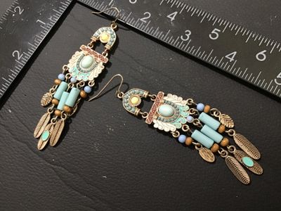 Bohemian Style Chandelier Dangle Earrings with Faux Turquoise & Feathers