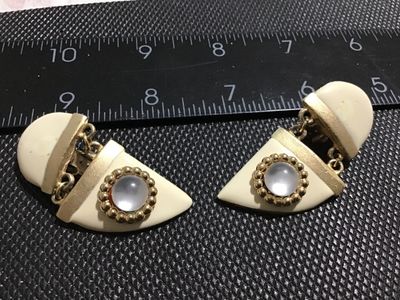 Vintage Cream and Gold Tone Geometric Clip-On Dangle Earrings