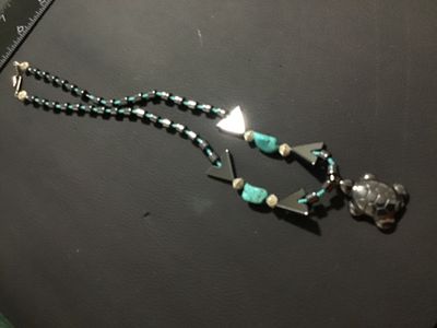 Hematite and Turquoise-Style Beaded Necklace with Turtle Pendant
