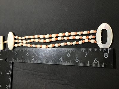 Vintage Mother of Pearl and Coral 3-Strand Tulip Bead Bracelet