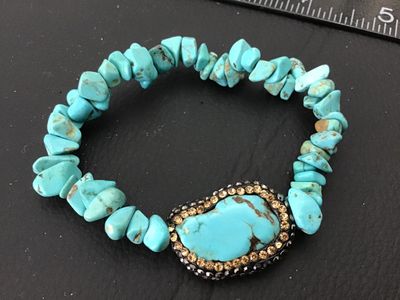 Turquoise Nugget Stretch Bracelet with Rhinestone Accent