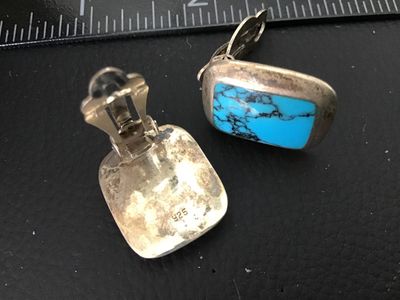 Vintage Sterling Silver & Turquoise Matrix Clip-On Earrings