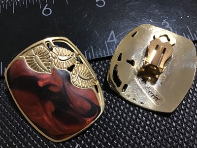 Vintage Edgar Berebi Gold Tone & Red Swirl Enamel Clip-On Earrings