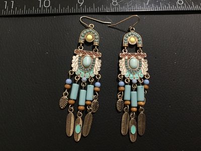 Bohemian Style Chandelier Dangle Earrings with Faux Turquoise & Feathers