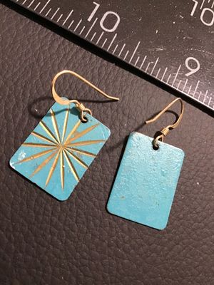 Vintage Turquoise Blue Starburst Etched Metal Dangle Earrings